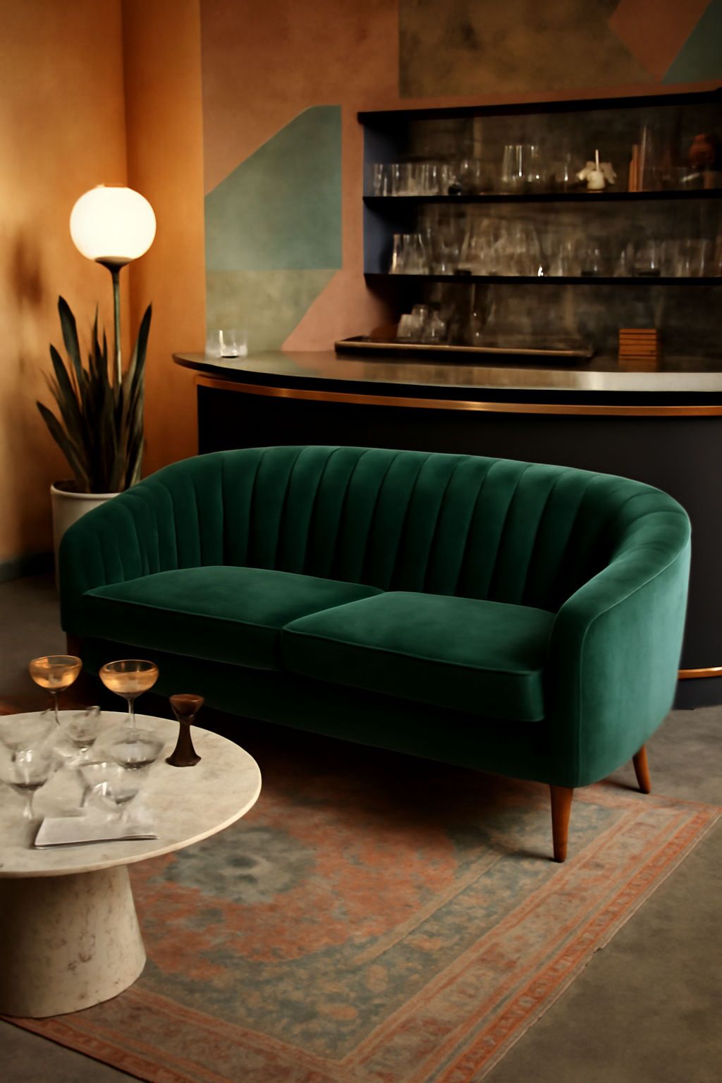 Vintage velvet sofa in emerald green